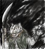 Fantasy black and white illustration of human like tiger with cloak and sword